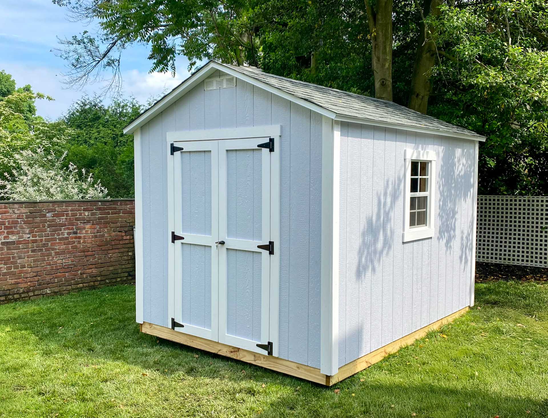 A storage shed in a backyard